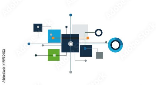 Abstract network of interconnected geometric shapes and lines representing data flow and connectivity.