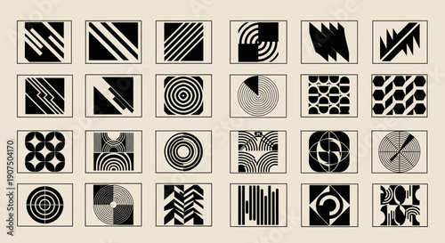 A grid of 24 abstract black and white geometric patterns and designs, arranged in four rows and six columns.