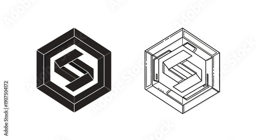Two isometric hexagonal logos, one solid black and the other a wireframe outline, both featuring a stylized 'S' or '5' emblem.