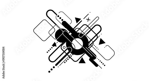 Abstract geometric composition with black lines, circles, squares, and triangles on a white background.