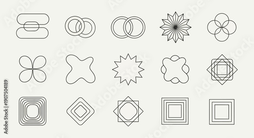 A collection of minimalist geometric abstract shapes and symbols in a clean, modern line art style.