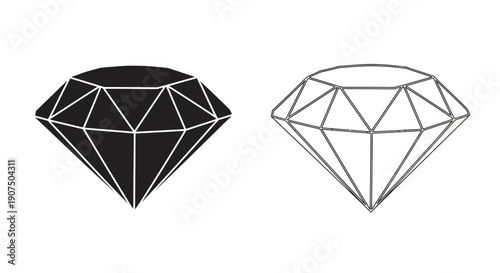 Two faceted diamond shapes, one solid black and the other an outline, presented side-by-side against a white background.