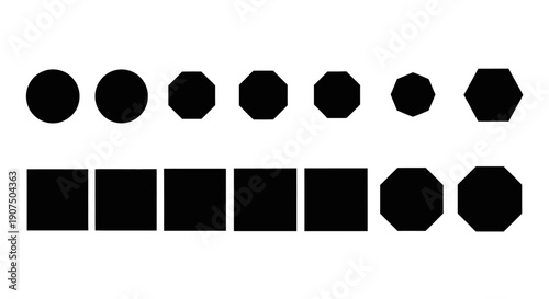 A collection of black geometric shapes including circles, octagons, squares, and a hexagon arranged in two rows.