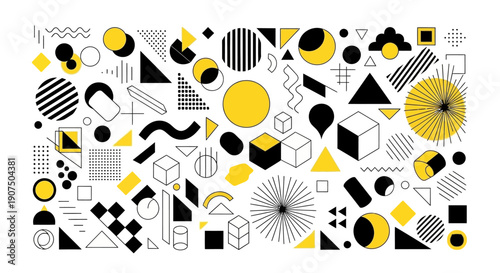 A vibrant collection of abstract geometric shapes in black and yellow, creating a dynamic and modern visual pattern.