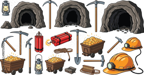 Mining equipment illustration with mine entrances, carts, pickaxes, helmets, lanterns, dynamite, rope, shovel, detonator