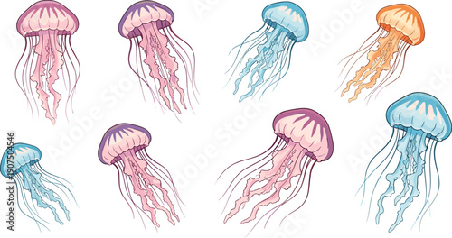 Set of cute pastel jellyfish illustrations, colorful marine animals, soft ocean creatures, cartoon sea life, vector design collection