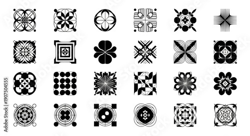 A collection of 30 unique black and white geometric abstract patterns and designs.