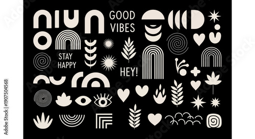 A collection of abstract geometric shapes and organic elements in beige and white on a black background, featuring rainbows, eyes, leaves, hearts, and text.