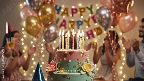 Festive multi-tiered birthday cake with glowing candles at a joyful celebration, surrounded by blurred happy guests, colorful balloons, and sparkling party lights