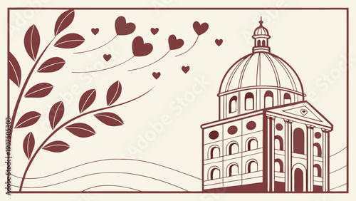 Romantic European Landmark Illustration with Hearts and Classic Dome Architecture