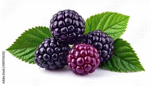 Fresh ripe blackberries with green leaves isolated on white background, organic blackberry fruits, healthy forest berry snack isolated on white