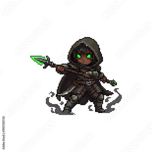 pixel art hooded rogue assassin wielding a glowing green spear with dark misty smoke effects