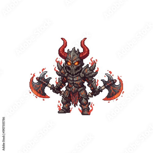 pixel art demonic barbarian warrior in spiked armor wielding dual flaming axes with lava cracks