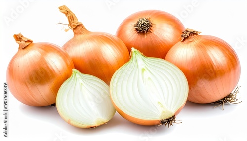 Fresh yellow onions with half slice isolated on white background, Group of raw organic onions, healthy vegetable ingredient for cooking