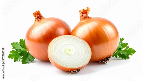 Fresh yellow onions with half slice isolated on white background, Group of raw organic onions, healthy vegetable ingredient for cooking