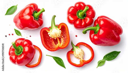 Fresh red bell peppers with slices isolated on white background