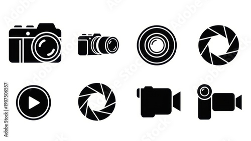 Camera Icons Set: DSLR, Camcorder, Lens Aperture, Play Button
