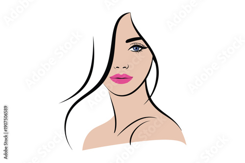 Minimalist of a woman profile with long black hair pink lips and blue eye female face head