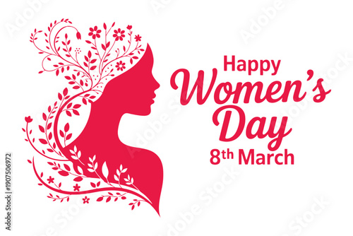 Silhouette of woman profile with floral hair in red for 8th March Womens Day floral flowers leaves