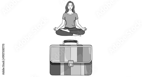 Woman practicing meditation in a seated yoga pose with suitcase