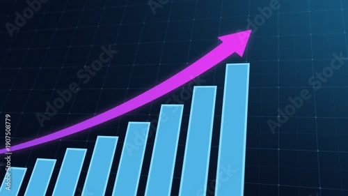 Business steady growth concept with rising progress bar chart and upward arrow. 3D Animation. Illustrating strong revenue increase, financial success, and positive market performance