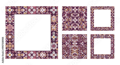 Decorative mosaic tiles with intricate floral patterns in purple