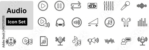 Line art vector of Audio icon set. Icons of Play, pause, silent mode, sound on, sound off, hearing, soundwave, microphone, listening, speaker. outline icons set. 