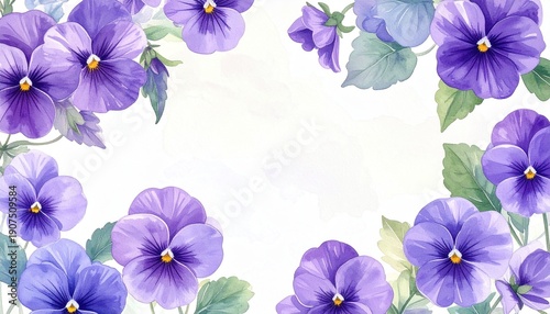 High-quality watercolor floral frame featuring vibrant purple pansies and green foliage with ample copy space for text