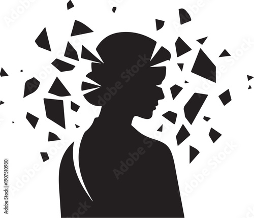 Silhouette of a woman with shattered pieces around head