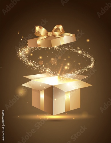 Elegant holiday gift box floating with sparkling light trails, modern premium vector