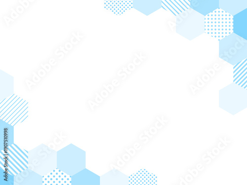 ドットとストライプ柄の水色の六角形の斜めフレーム