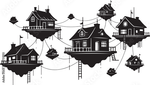 Floating houses connected by ropes and ladders in air