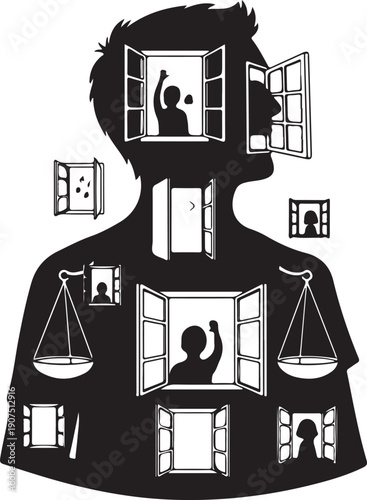 Man with multiple windows and scales of justice inside