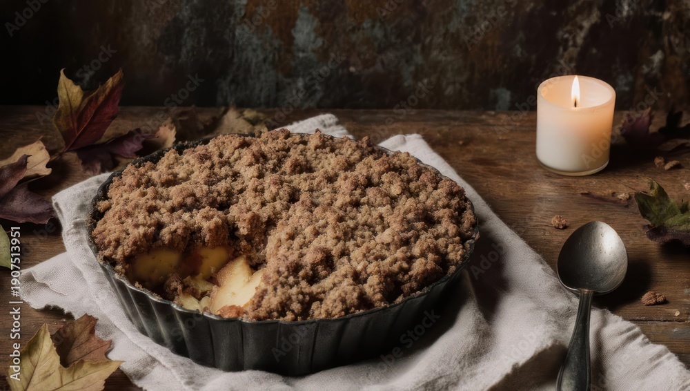 Fototapeta premium Delicious Apple Crumble Dessert with Candle and Autumn Leaves.