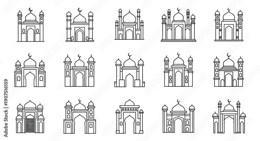 Fototapeta premium A collection of minimalist line art icons featuring various mosque designs, Islamic architectural elements, and ornate gates.