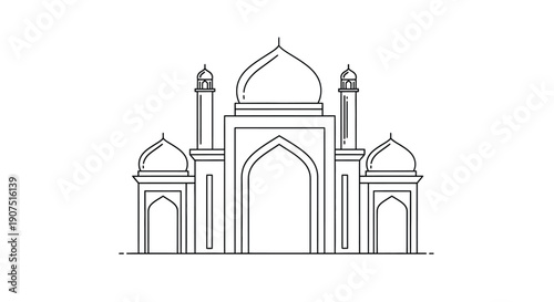 Minimalist line art illustration of a famous Indian mausoleum with symmetrical domes and towering minarets.