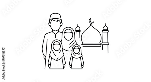 Line art illustration depicting a Muslim family with a father, mother, and two daughters standing beside a mosque.