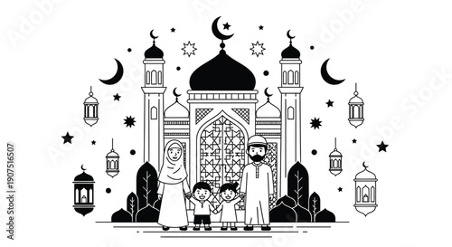A Muslim family stands before a grand mosque, adorned with crescent moons and lanterns, celebrating Islamic culture.