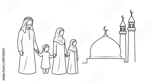 A traditional Muslim family, father, mother, and two daughters, holding hands near a mosque with a dome and minarets in a line art style.