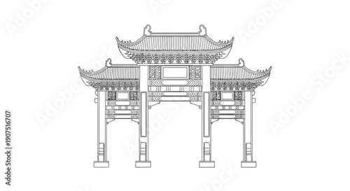 Detailed line art illustration of a traditional East Asian archway or ceremonial gate with ornate tiered roofs and intricate architectural details.