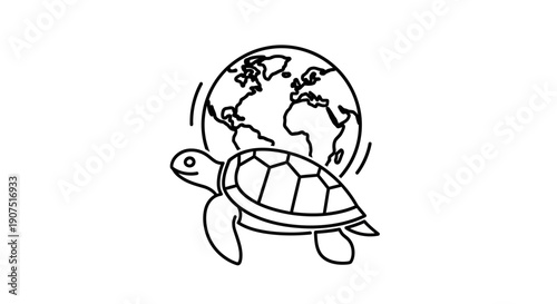 Turtle swimming around the earth globe.
