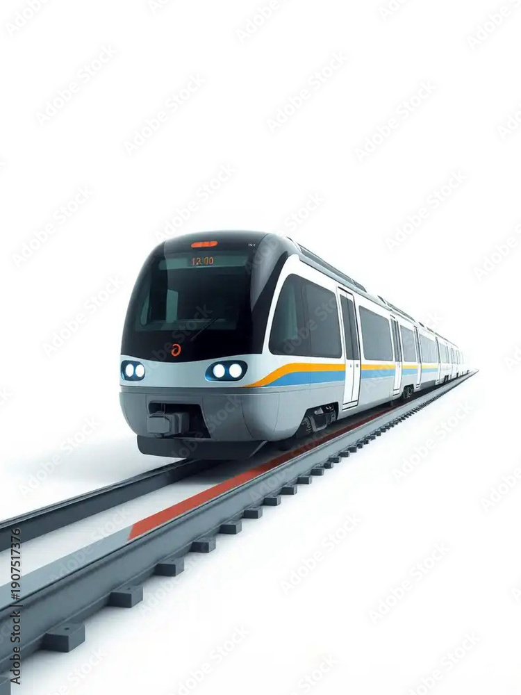 Fototapeta premium Modern high-speed commuter train on tracks isolated on white background. 