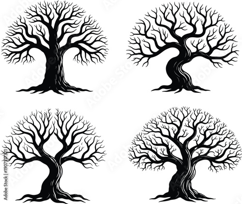 Bare tree silhouette set, twisted branches nature collection, mystical winter trees, black vector illustration isolated white background design