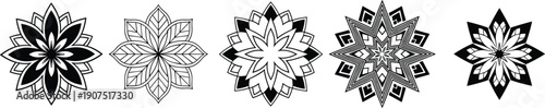 Abstract floral mandala patterns set, black and white geometric flower ornaments illustration for tattoo decor logo design, vector symmetry art