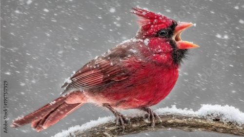 Wallpaper Mural Bright Red Cardinal Songbird Singing in Snowstorm on Branch Torontodigital.ca