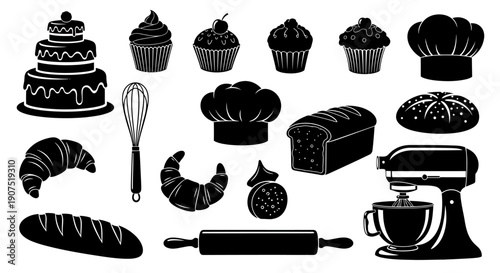 Baking Essentials Collection Featuring Mixers, Pastries, and Decorative Touches in a Flat Design Style