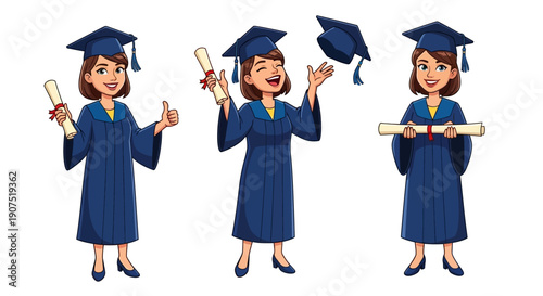 Female graduate in blue gown and cap holding diploma, celebrating achievement and success in academic environment from different viewpoints