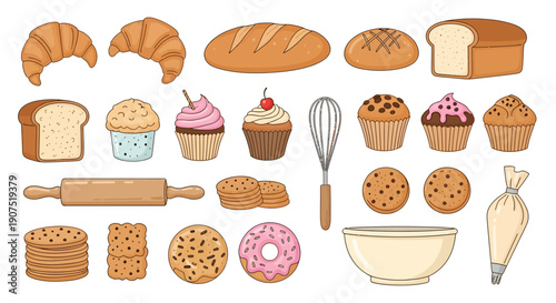 Assorted baked goods and baking tools arranged neatly on a table, viewed from directly above in a graphic illustration.