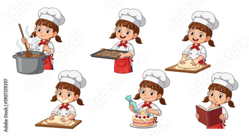Young girl in chef hat preparing cake in kitchen, illustration of baking steps