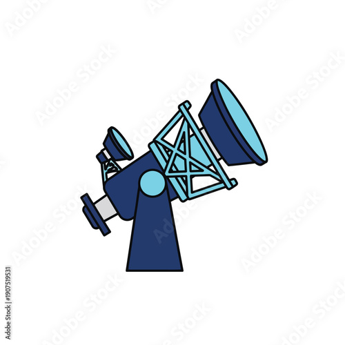 Illustration of a large, powerful telescope with a blue mount and tripod, designed for astronomical observation and celestial research